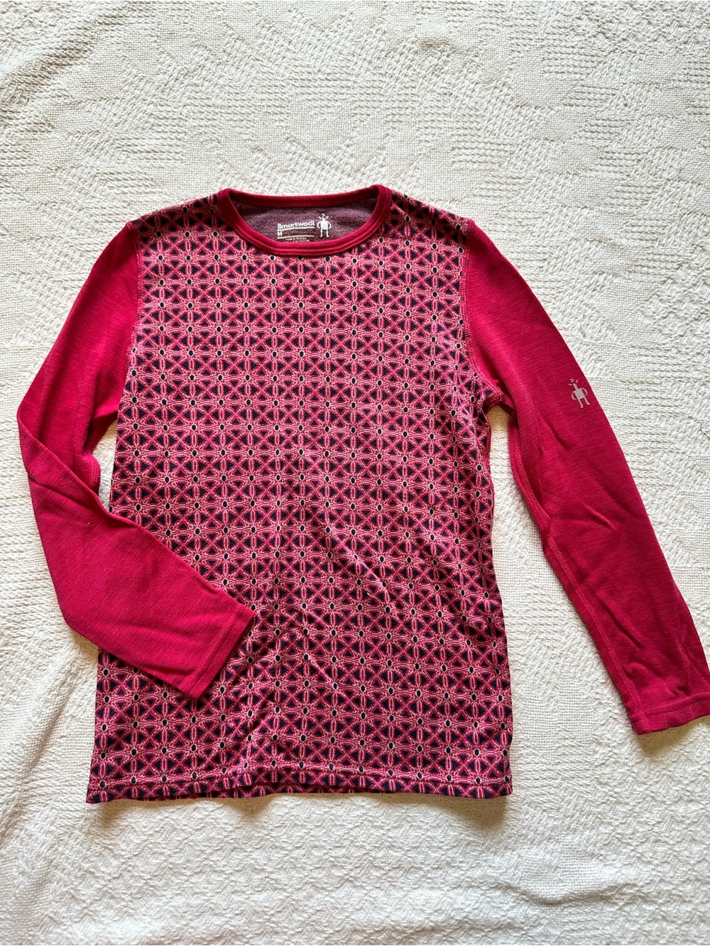 SmartWool Kids' Magenta Patterned Long Sleeve Base Layer, 100% merino wool